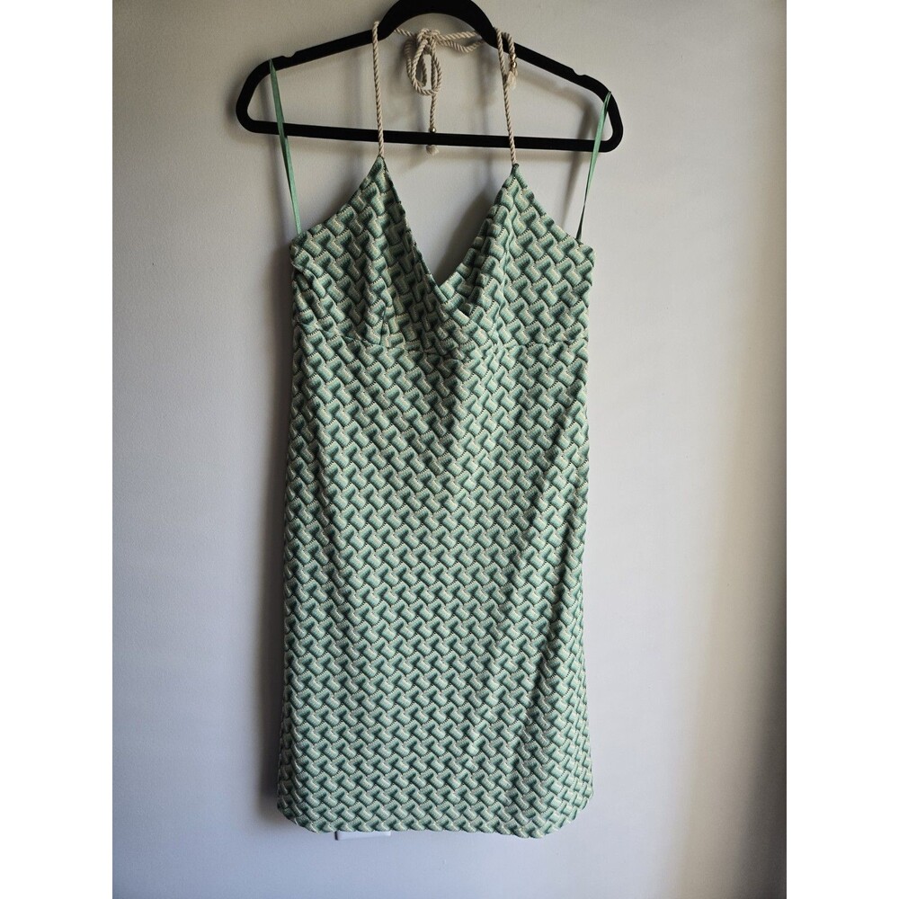 Ann Taylor LOFT Vintage Size 14 Green Tan Chevron Printed Halter Dress